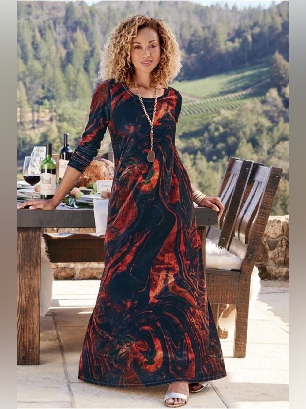 Soft Surroundings Santiago Stretch Velvet Dress 2X Abstract Rust Boho Artisan